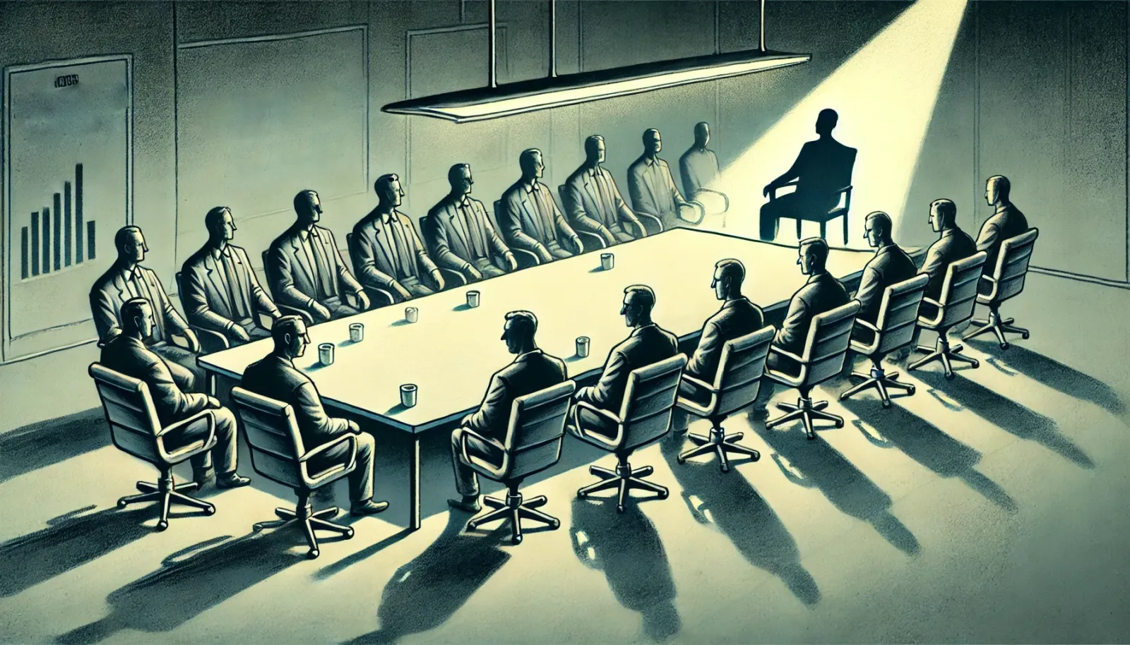 Illustration depicting a modern corporate boardroom. Grey-suited figures sit silently around a long table, avoiding eye conta