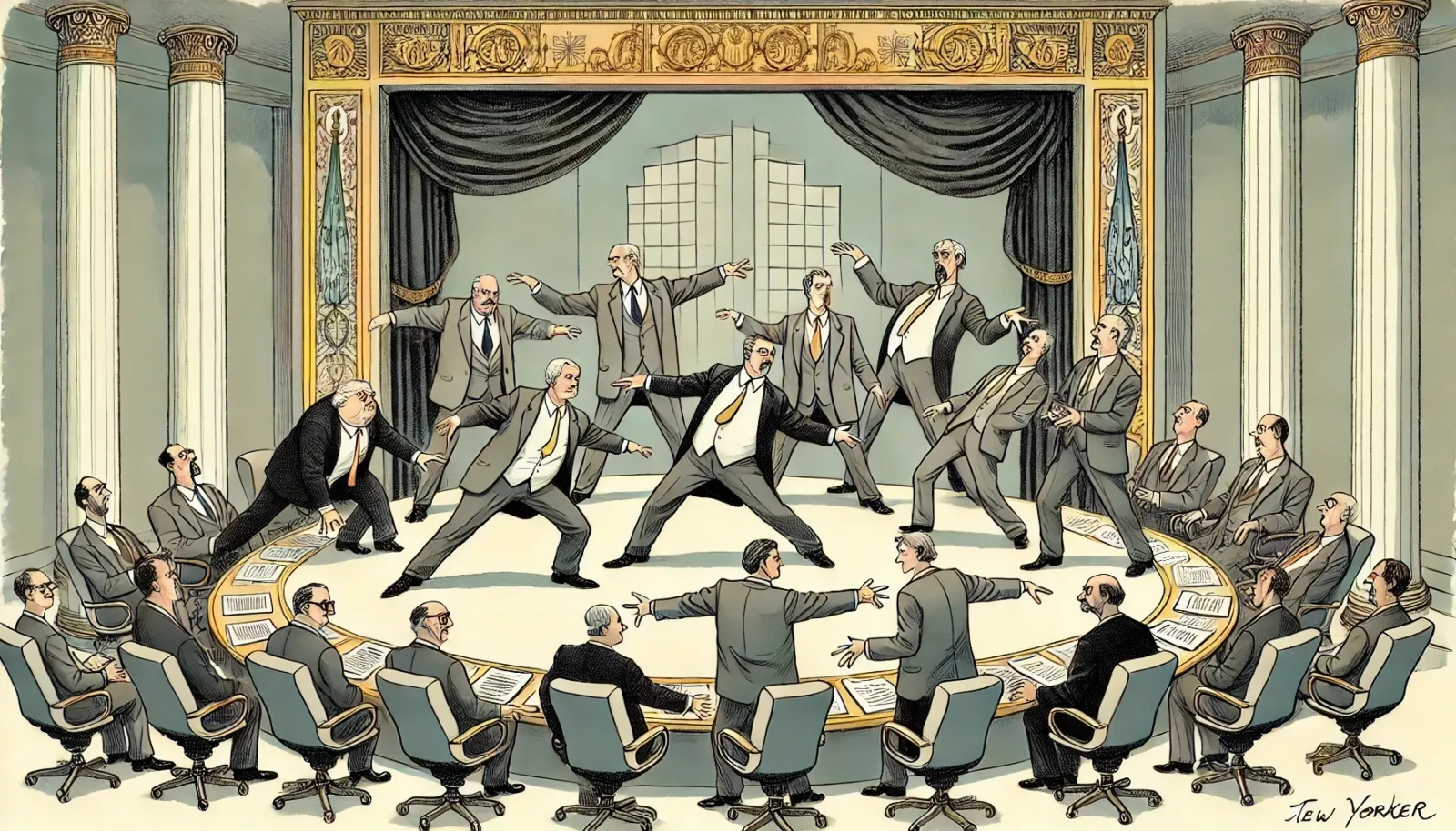 A whimsical, satirical illustration showing a group of corporate executives theatrically posing on a stage. The backdrop subt