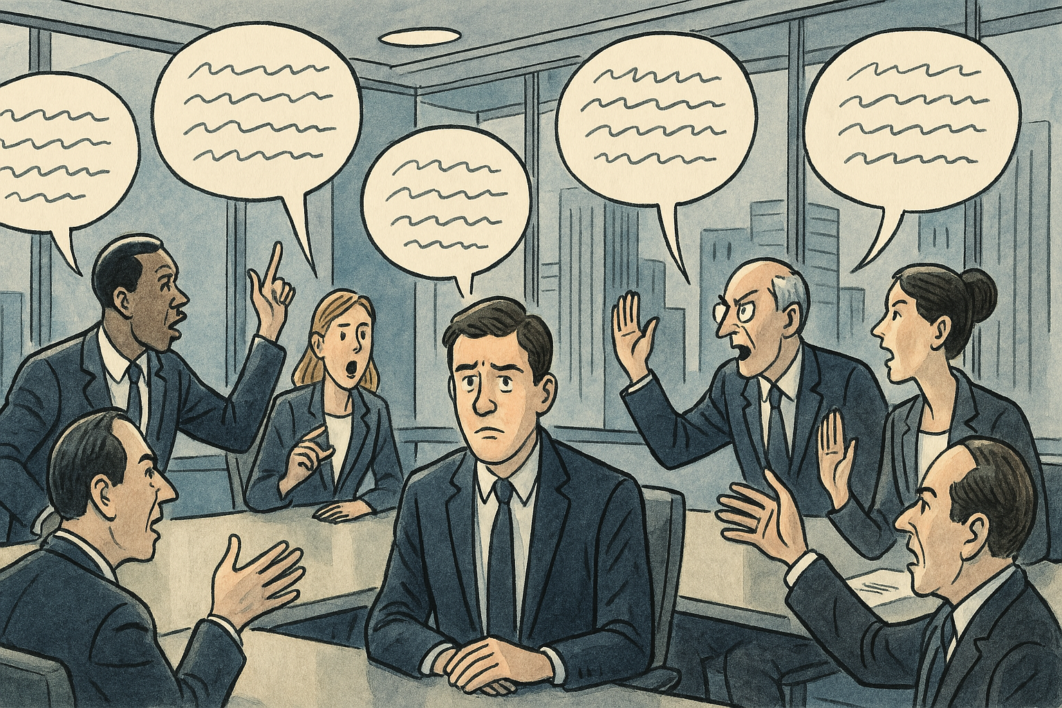 Illustration showing a corporate meeting in a modern glass-walled conference room. A visibly confused man in a suit sits at t