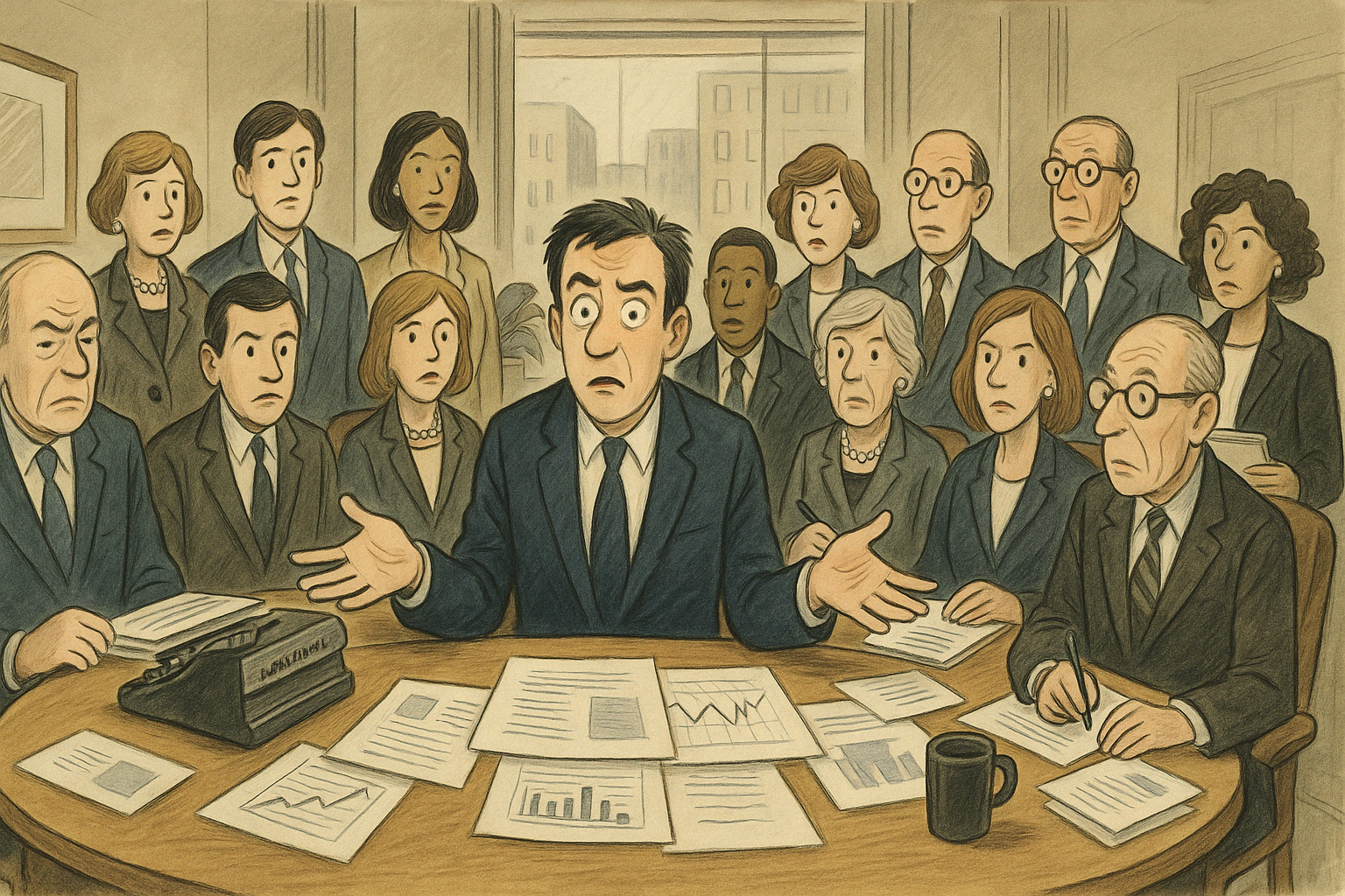 An illustration depicting a crowded business meeting in an office. At the centre, a bewildered manager in a navy suit gesture