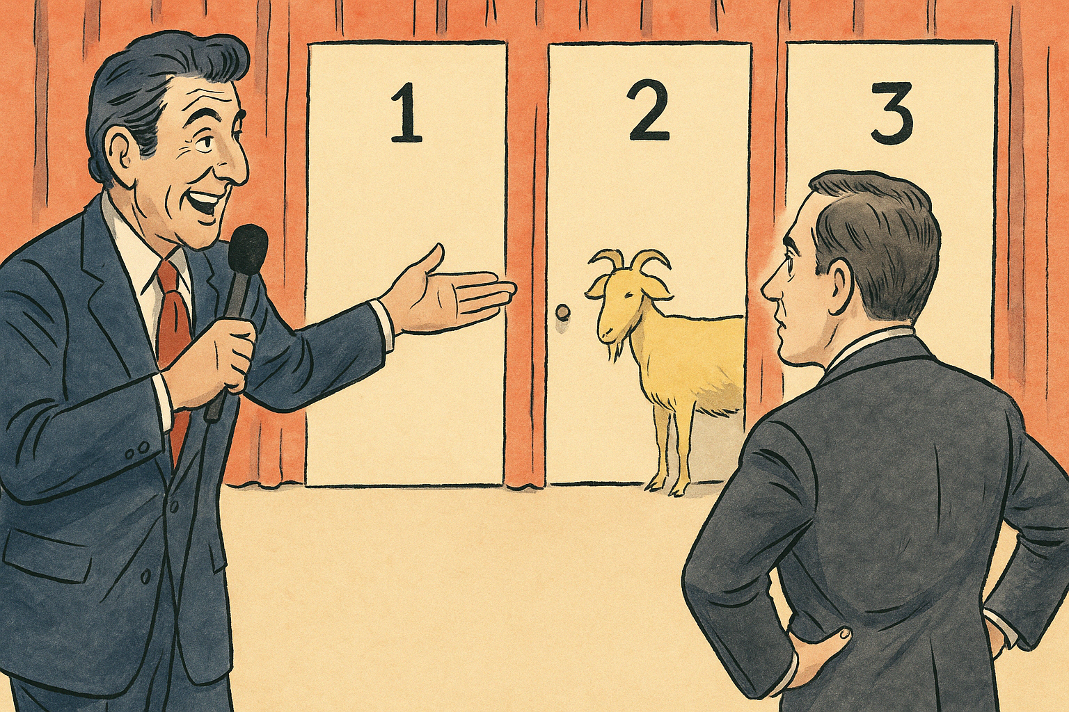 Illustration of game show host in a blue suit and red tie holding a microphone and gesturing toward three doors.