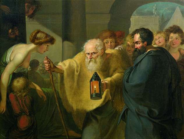Old man carrying a lantern in broad daylight as he famously searches for an honest man. 