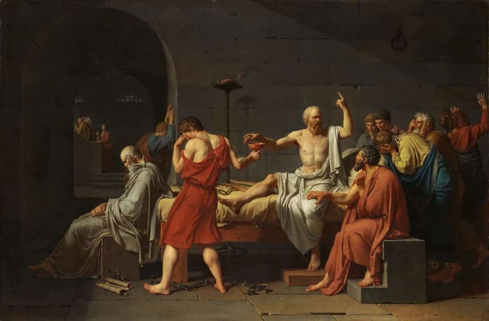 Painting depicting the death of Socrates in prison about to drink hemlock given by his executioner