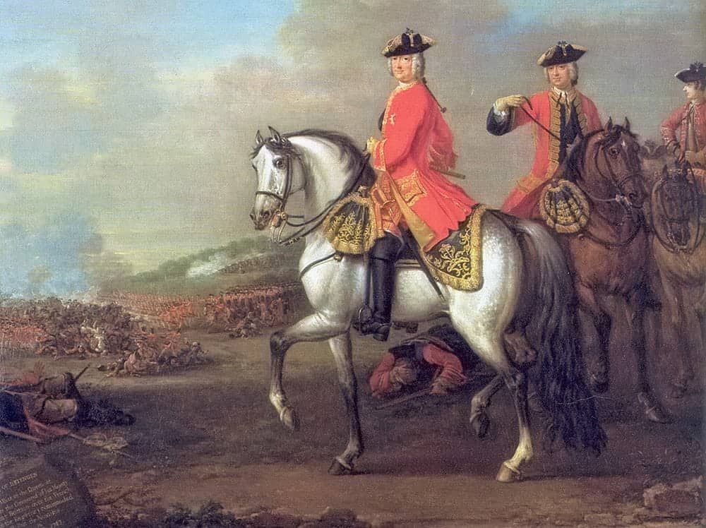 King George II at the Battle of Dettingen, with the Duke of Cumberland and Robert, 4th Earl of Holderness, 27 June 1743
