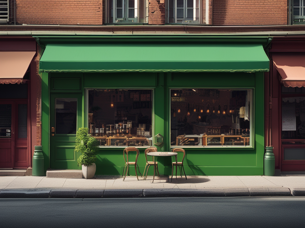 AI generated image of a shop front with a green awning, which contrasts with the drab awning of the shops on either side.