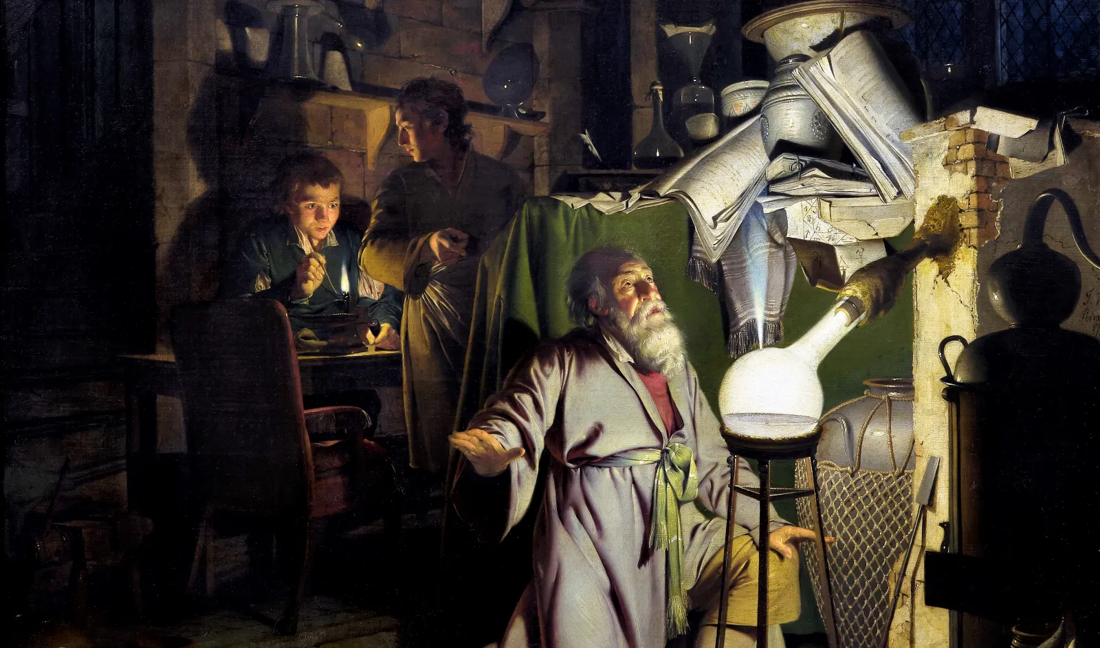 An elderly alchemist kneels in awe before a glowing vessel in a dim, vaulted chamber filled with books, glassware, and instru