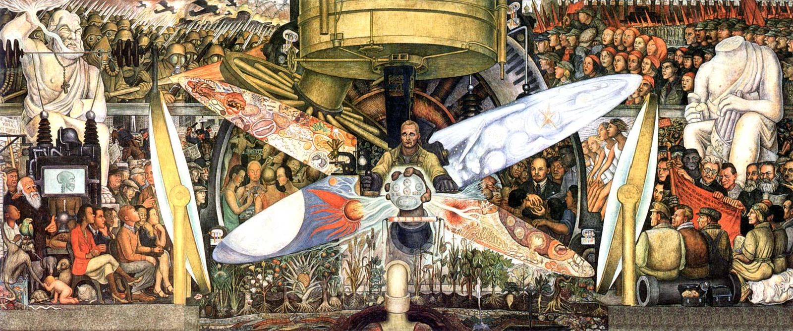 Diego Rivera’s mural Man at the Crossroads, depicting a central figure operating futuristic machinery with radiating propelle