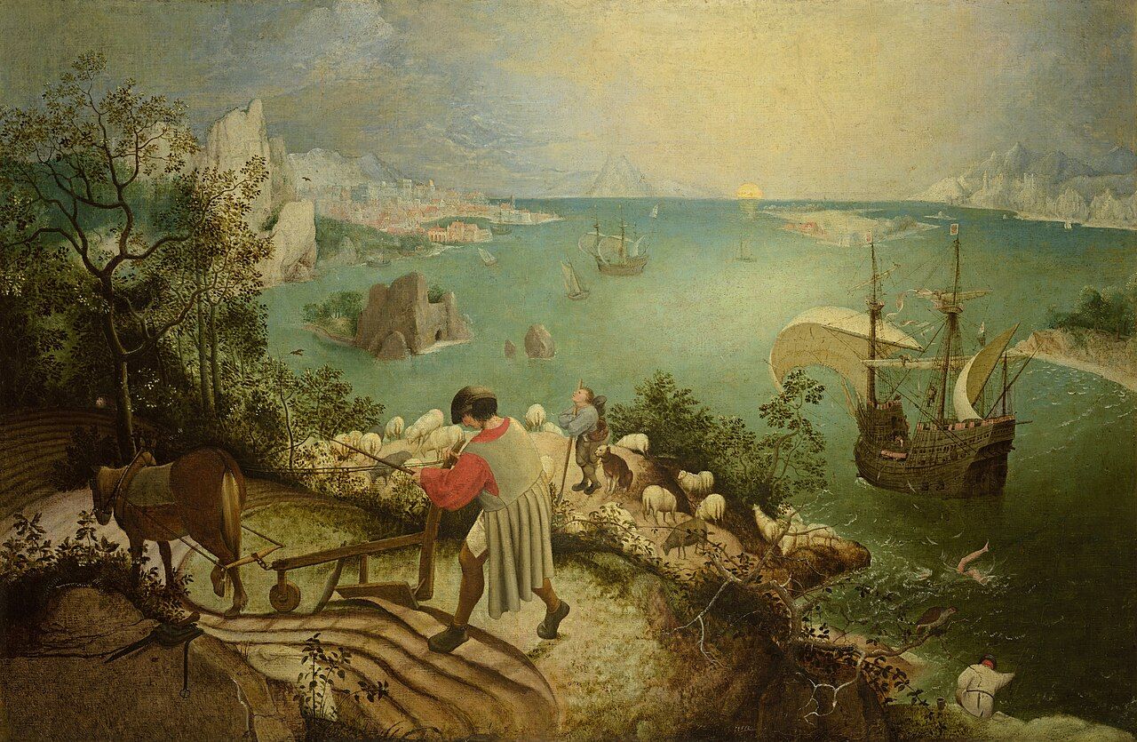 Bruegel’s landscape shows a ploughman, shepherd, and ship on a calm coast, while unnoticed legs of Icarus vanish into the sea—daily life carrying on, indifferent to his fall.