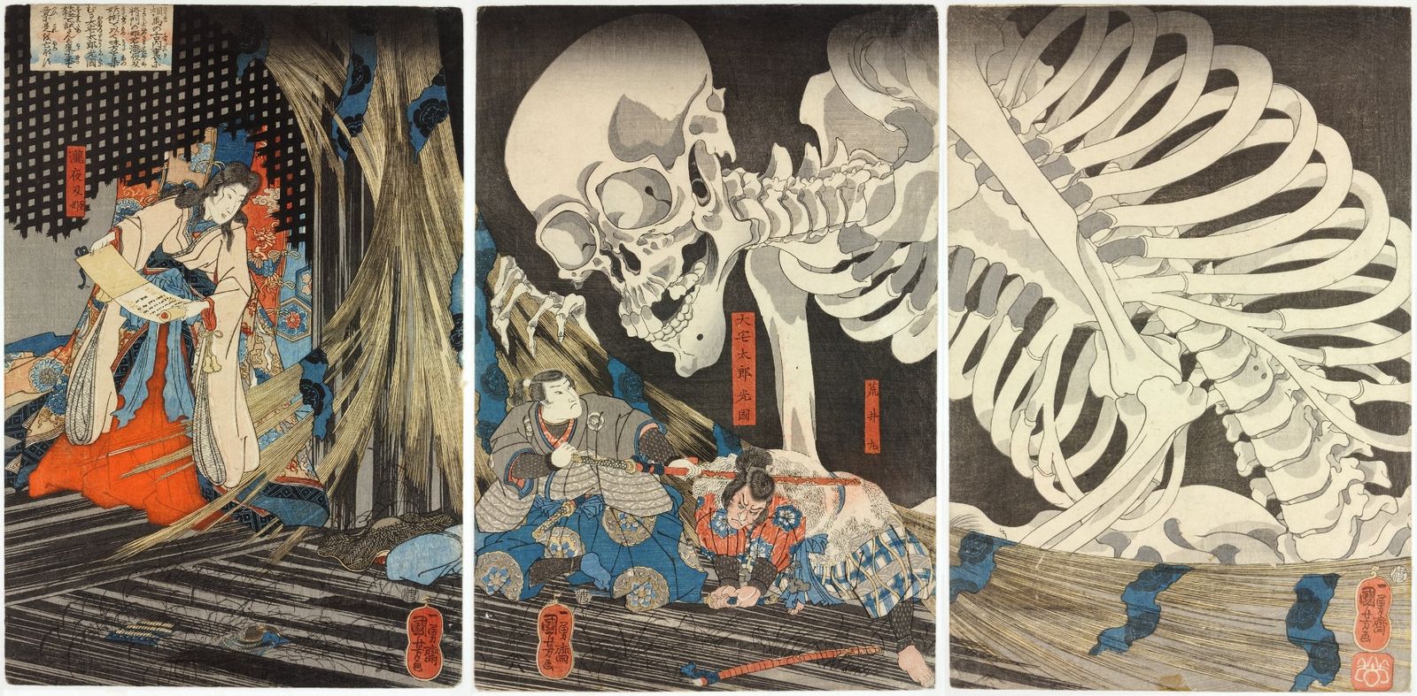 A dramatic Japanese woodblock triptych titled Takiyasha the Witch and the Skeleton Spectre by Utagawa Kuniyoshi (c. 1844). Th
