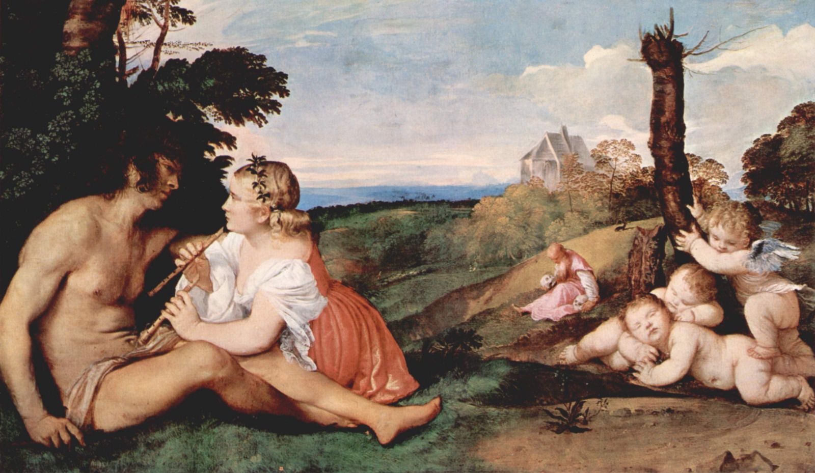On the right, cherubic infants sleep and play beneath a tree. Center-left, two young lovers sit closely, absorbed in music and affection. In the background, an elderly man sits alone.