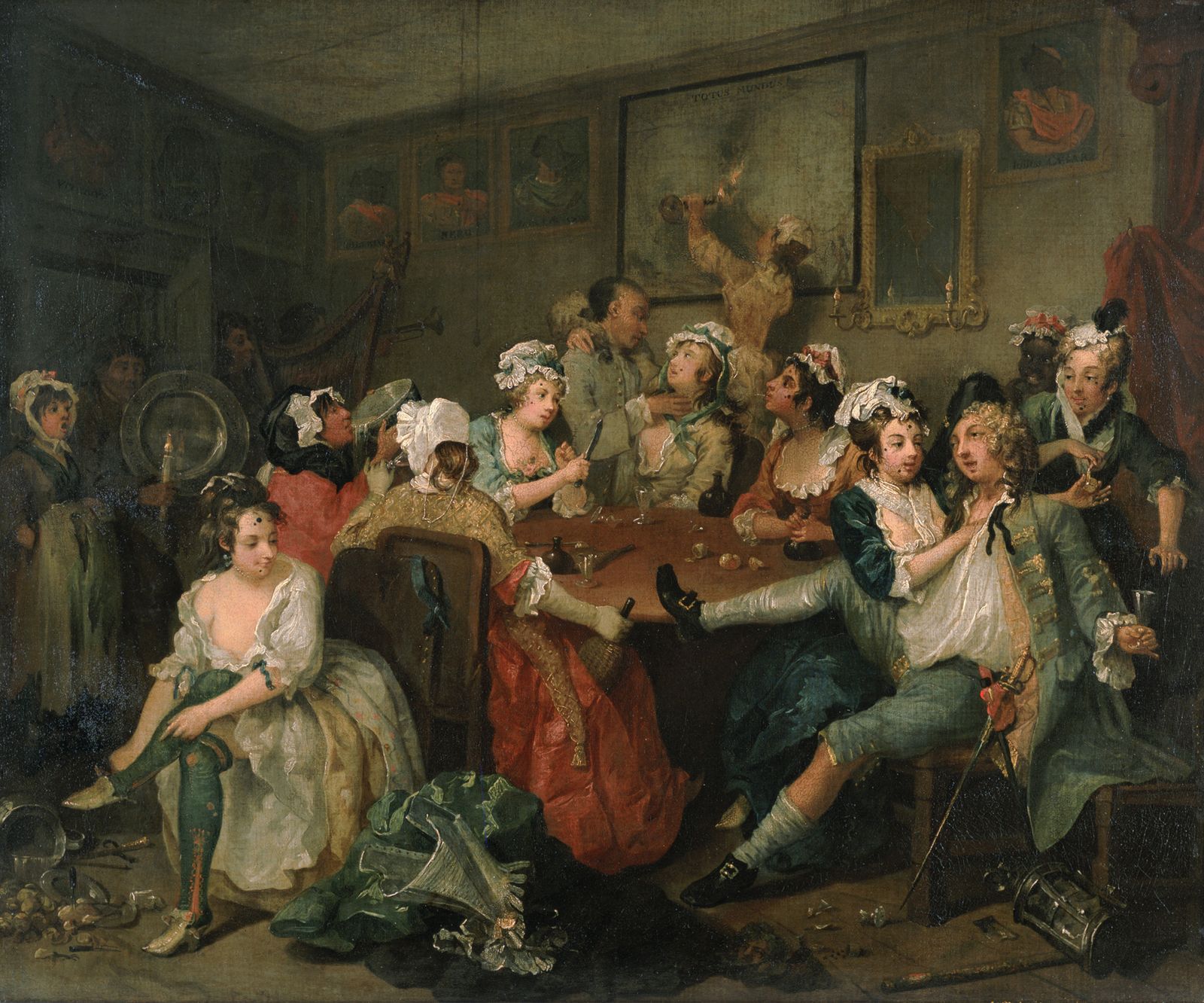 Hogarth’s *A Rake’s Progress – The Orgy* shows a wild tavern scene: the rake with a courtesan amid drinking, flirting, music, and rich disorder, capturing moral excess and decline.