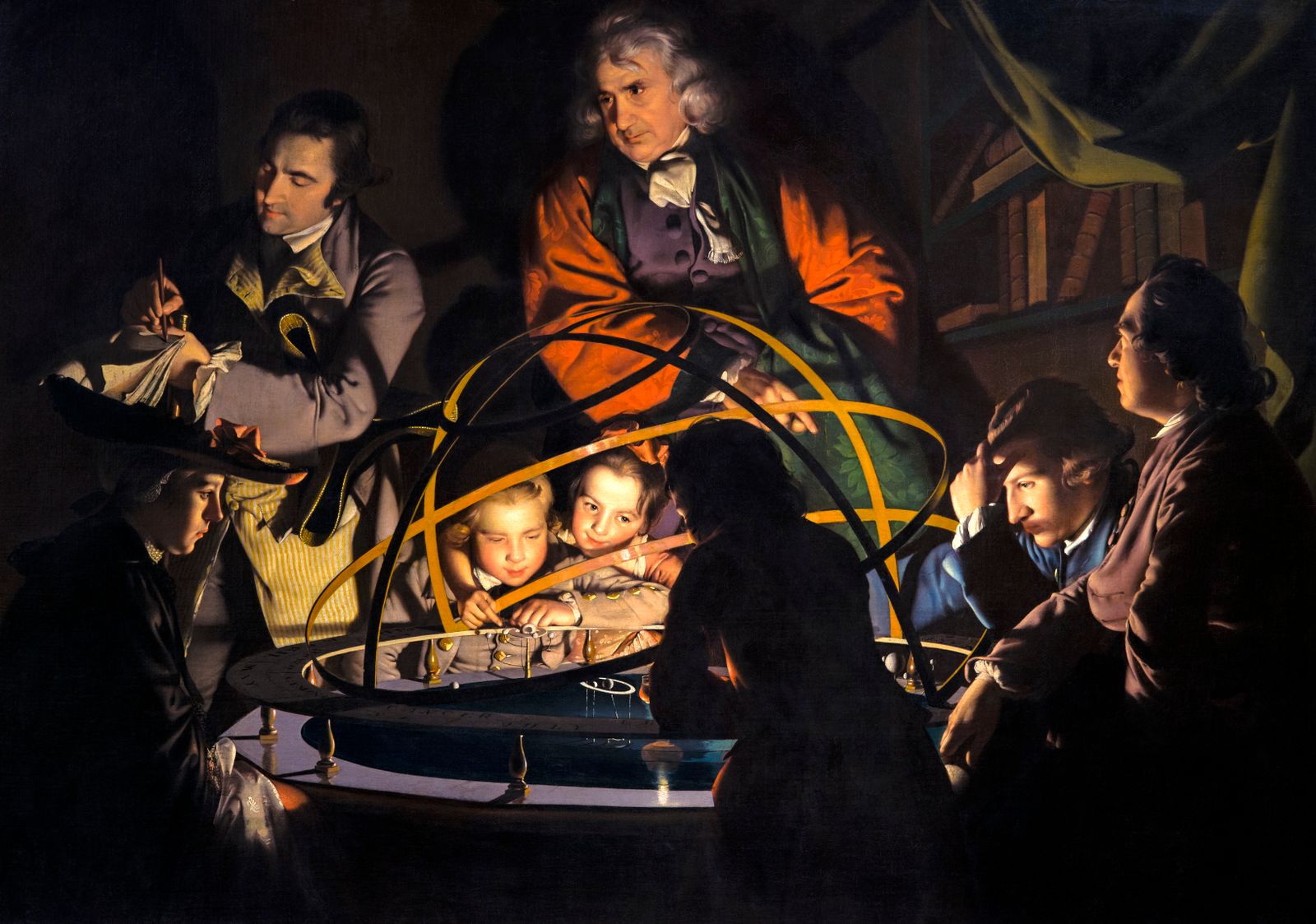A dramatic 18th-century painting by Joseph Wright of Derby titled A Philosopher Giving a Lecture on the Orrery (c. 1766). The