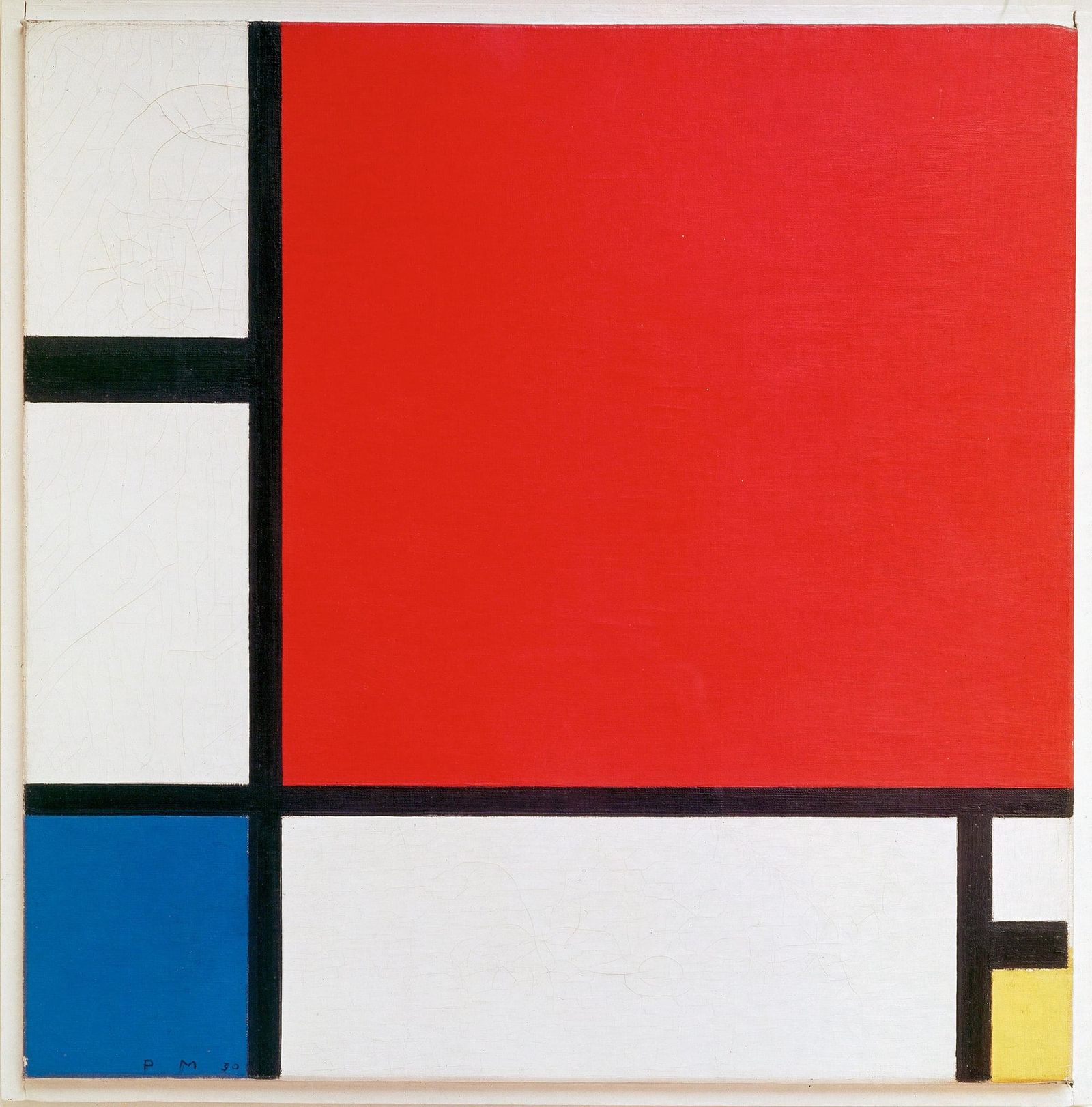 A square abstract painting featuring large blocks of red, blue, yellow, and white divided by thick black lines, arranged in a balanced Mondrian-style geometric grid.