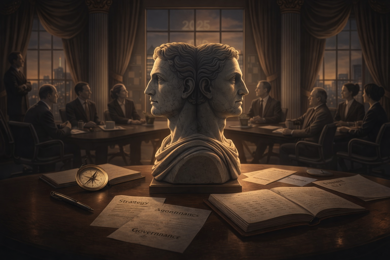 Illustration of a dusk boardroom: a marble Janus bust on the table with a compass, ledger and papers labelled "strategy" and "governance", executives blurred behind.