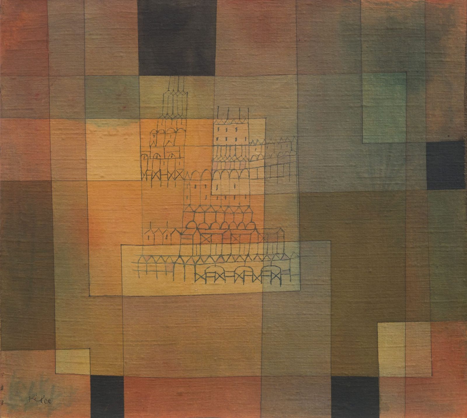 Geometric blocks in warm and muted tones overlay a faint architectural line drawing, characteristic of Paul Klee’s abstract style, suggesting layered structure and harmonic order.