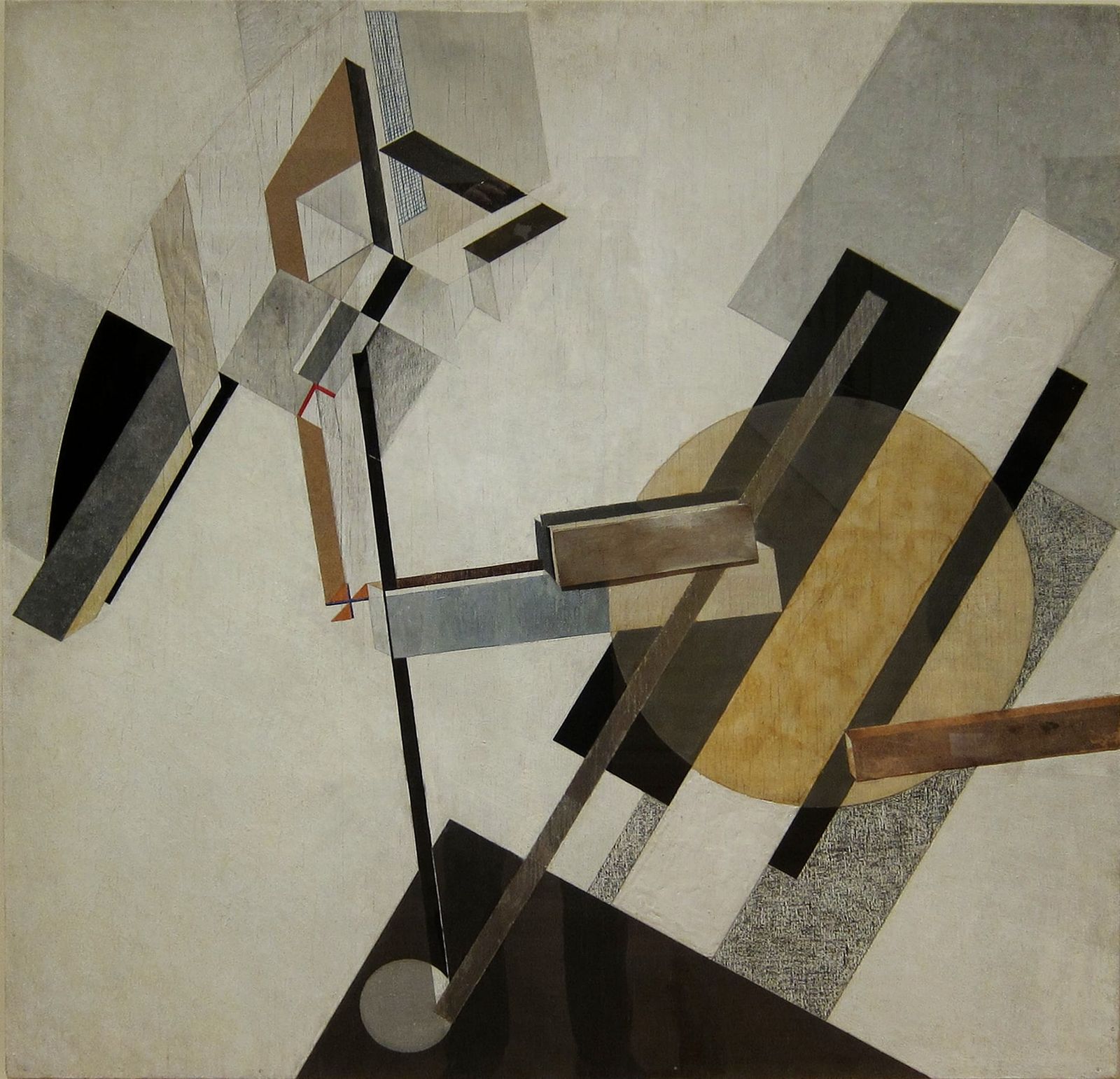 Geometric abstraction by El Lissitzky (_Proun 19D_, 1920) showing overlapping planes and lines in dynamic spatial relation, evoking structured systems and layered design.