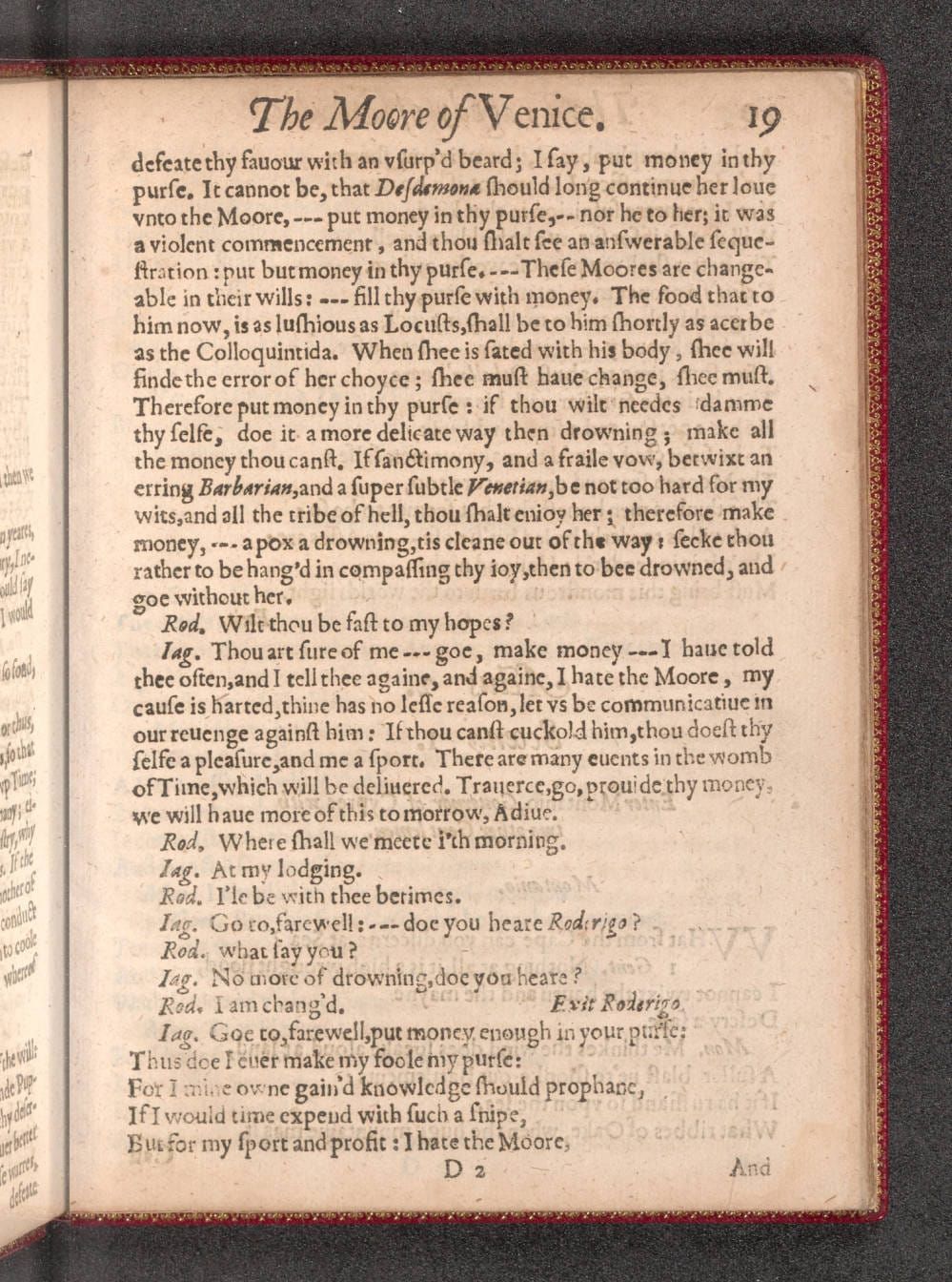 Early printed page from Shakespeare’s Othello (The Moor of Venice), showing dense blackletter text with repeated long dashes used for pauses, interruptions, and rhetorical emphasis.