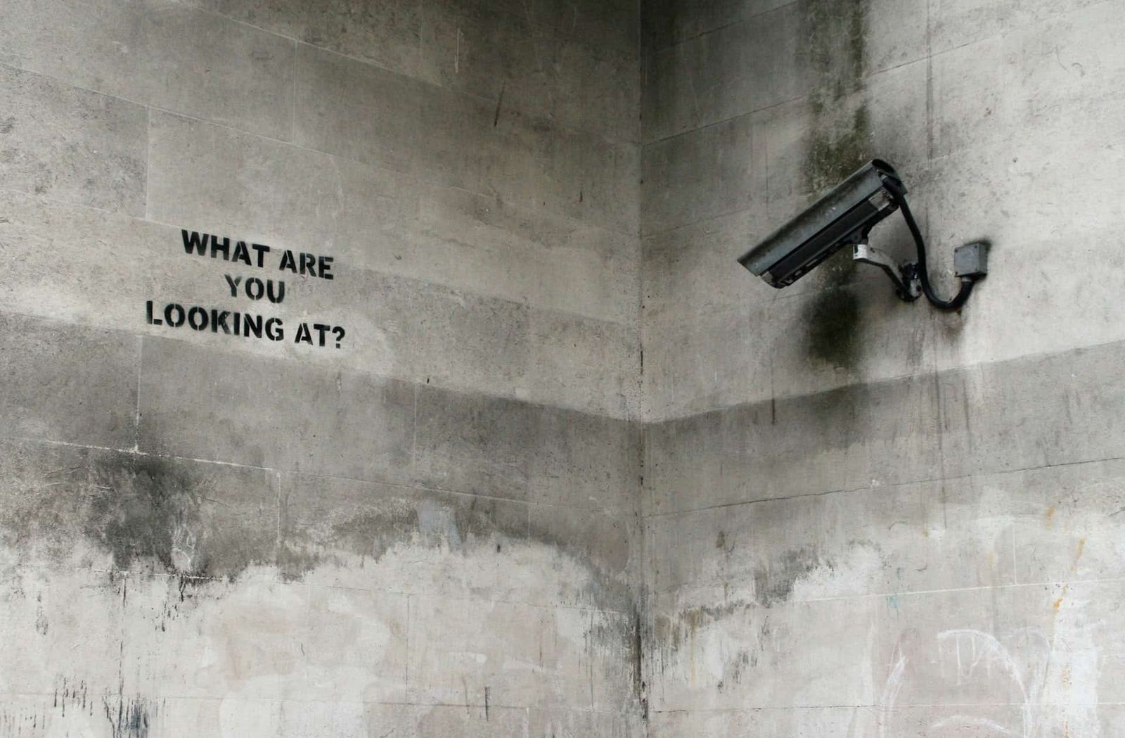 Image of a concrete wall with a security camera pointed at the words "what are you looking at?"