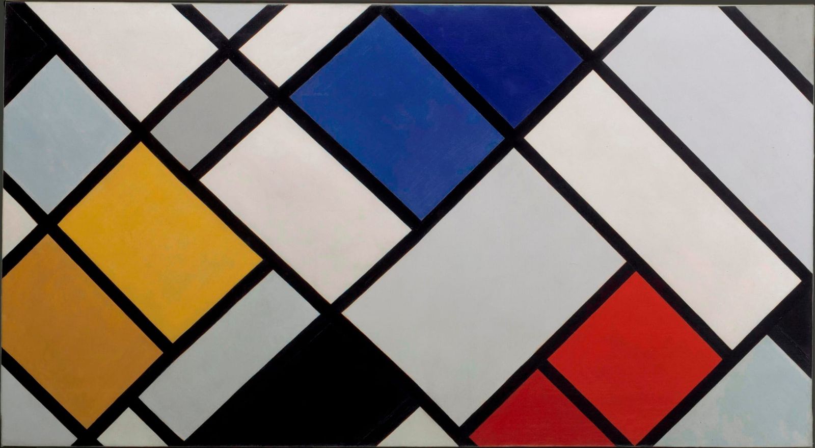 Abstract geometric painting with a bold diagonal black grid dividing white and grey fields, punctuated by solid blocks of blue, yellow, red, ochre, and pale grey.