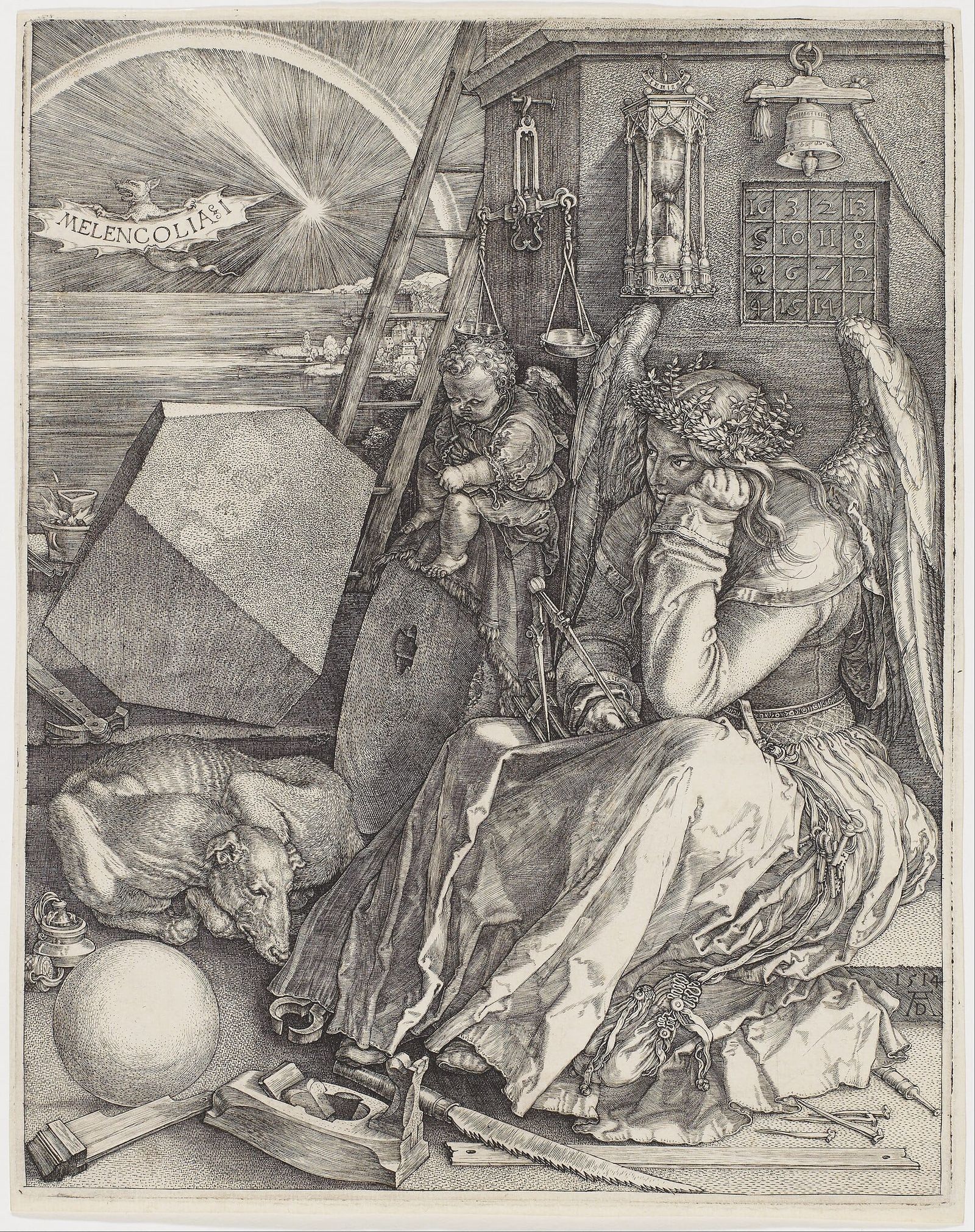 Engraving of a winged figure seated among a compass, scales, hourglass and a large polyhedron, suggesting contemplation before action.