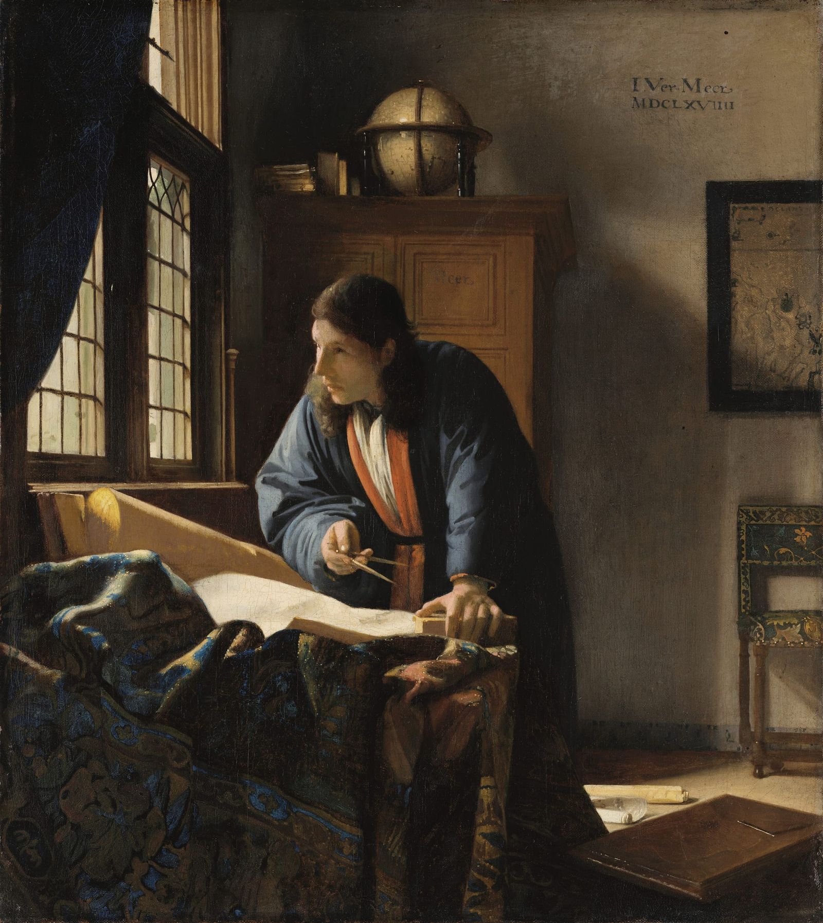 A man studies a map in a sunlit room, surrounded by instruments, suggesting careful analysis and preparation.