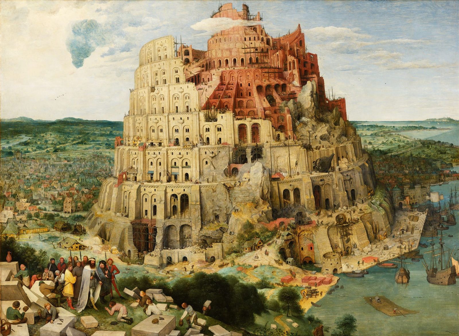 A vast unfinished tower rises over a harbour city, crowded with workers and scaffolding, the structure already buckling and uneven.