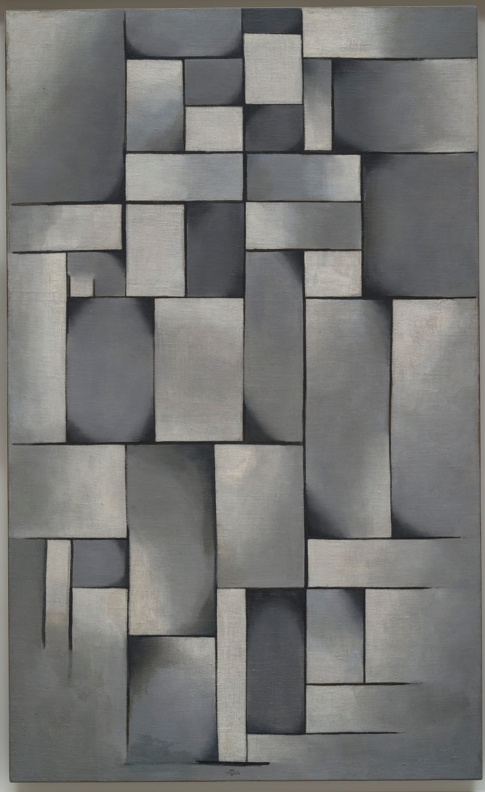 Abstract painting of interlocking grey geometric blocks forming a rhythmic grid of rectangles and vertical shapes, creating a sense of structured balance and movement.