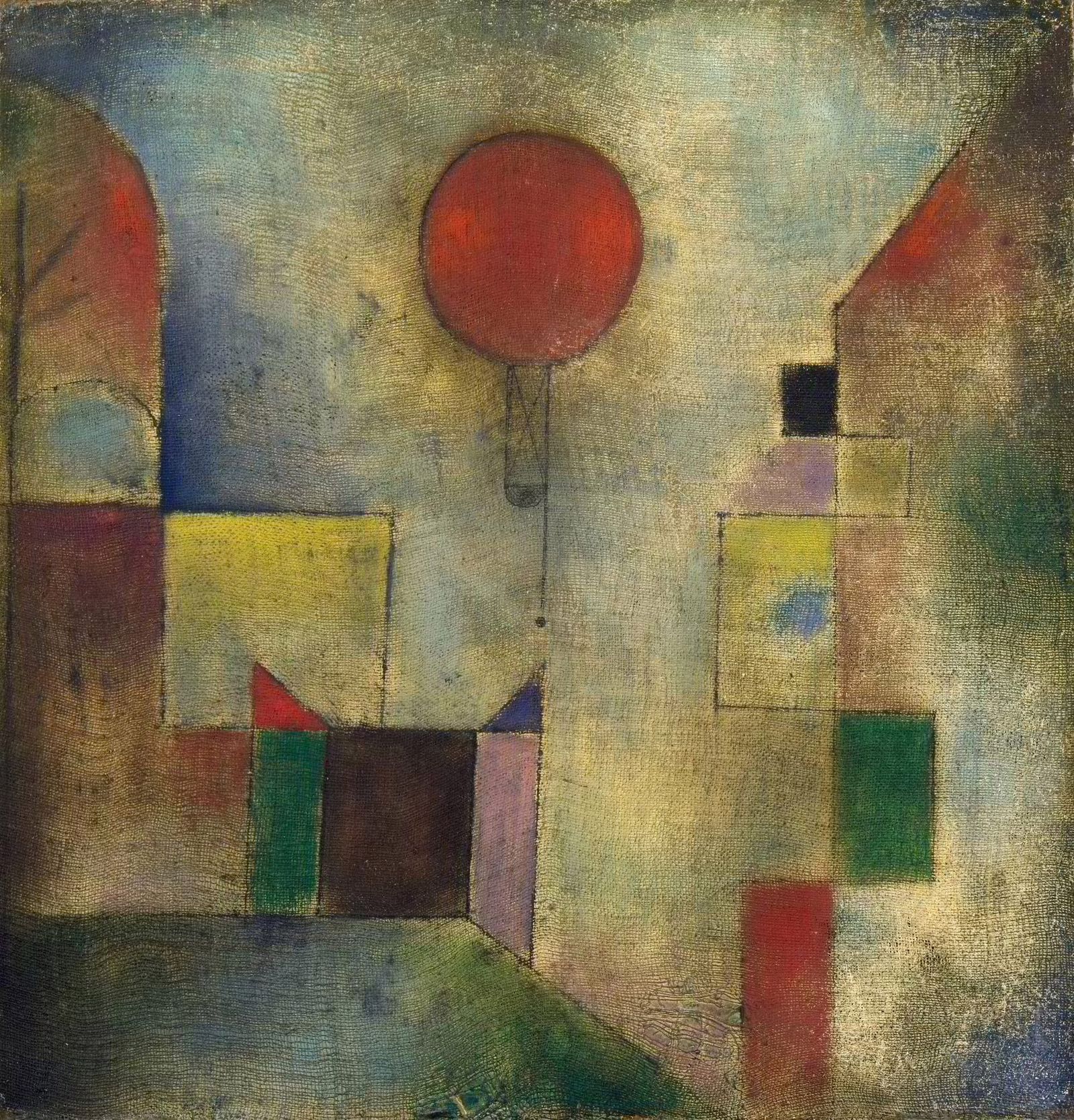 Abstract painting with geometric blocks in muted colours and a red balloon floating above, suggesting structured forms softened by variation and movement.