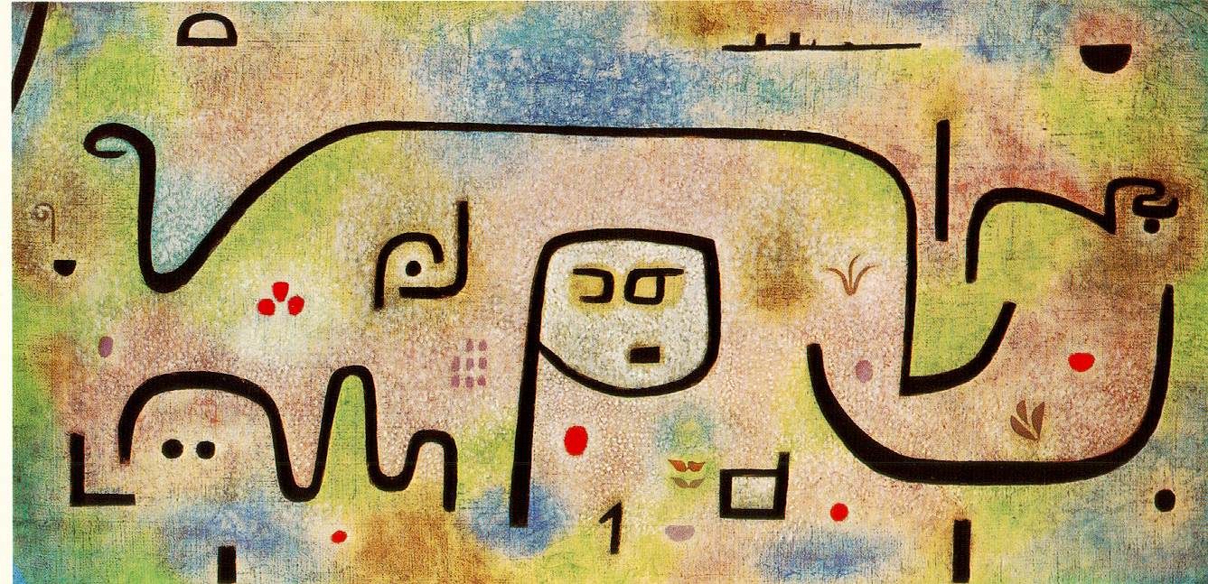 Abstract painting with looping black lines forming symbolic shapes over a textured field of muted greens, ochres and blues, punctuated by small red dots.