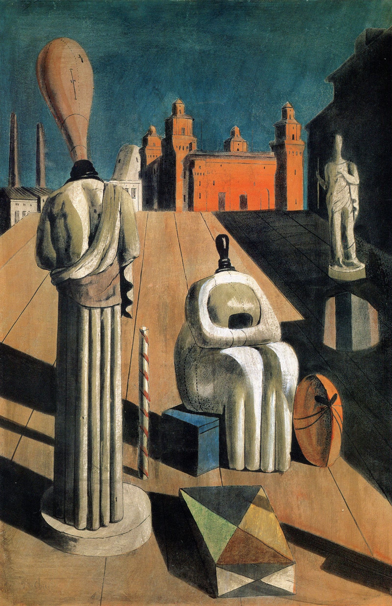Surreal scene of faceless mannequin figures and geometric forms in an empty piazza with long shadows and distant buildings, creating an eerie sense of order and stillness.