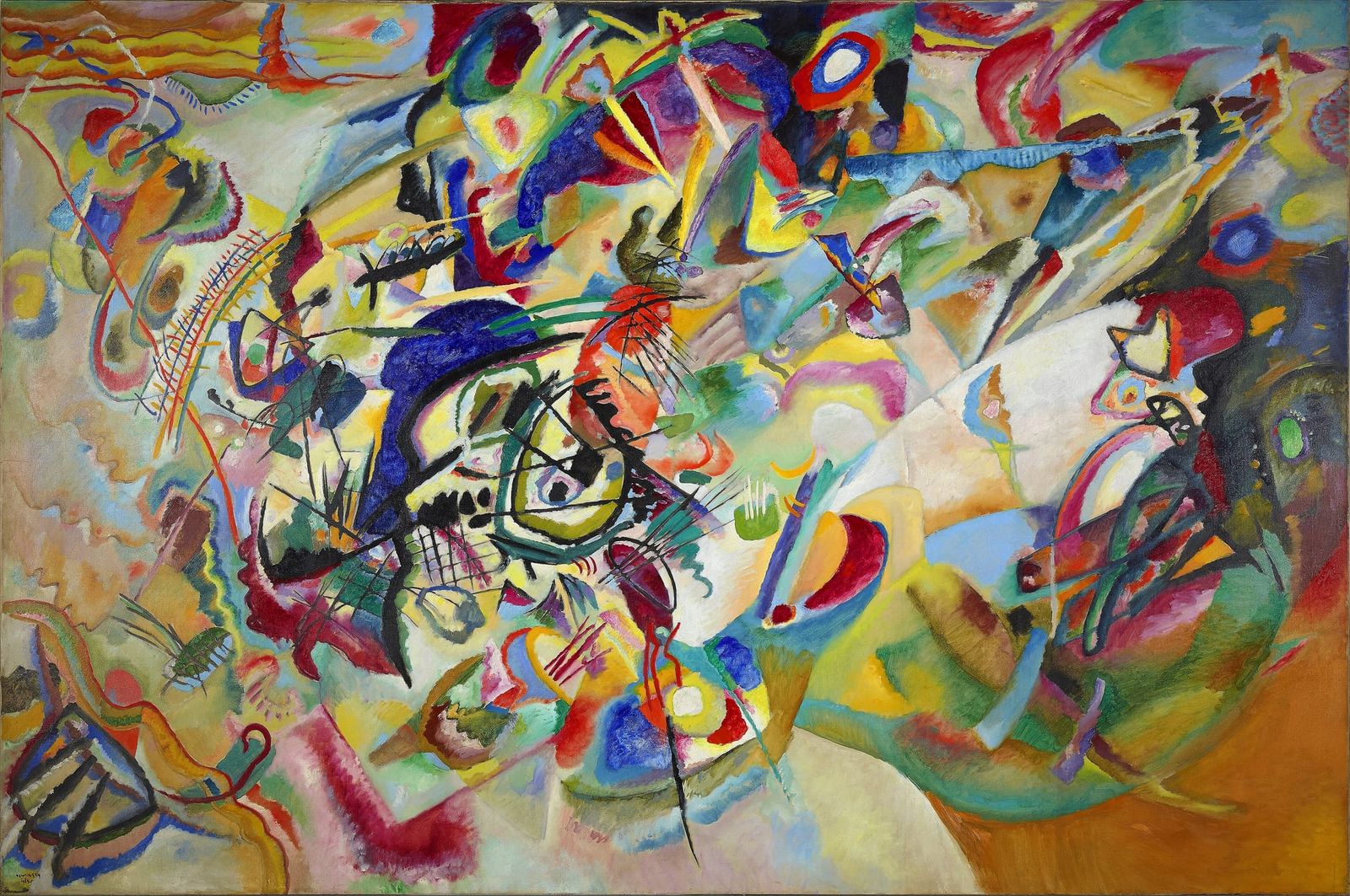 Abstract painting of circles, triangles, arcs, and bold lines in dynamic equilibrium against a pale ground. No single element dominates the whole. Wassily Kandinsky, Composition VIII, 1923.