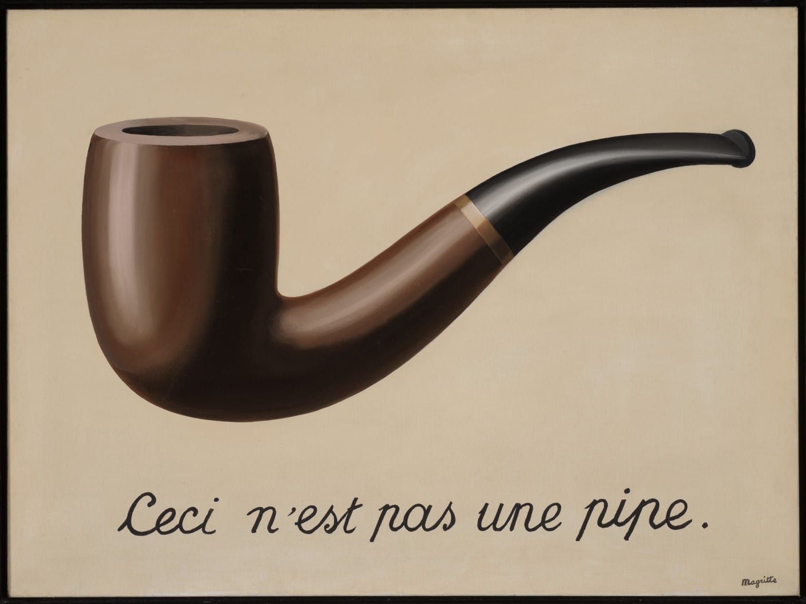 Magritte's surrealist painting of a brown smoking pipe rendered in precise detail against a beige background, with the French caption "Ceci n'est pas une pipe"—"This is not a pipe."