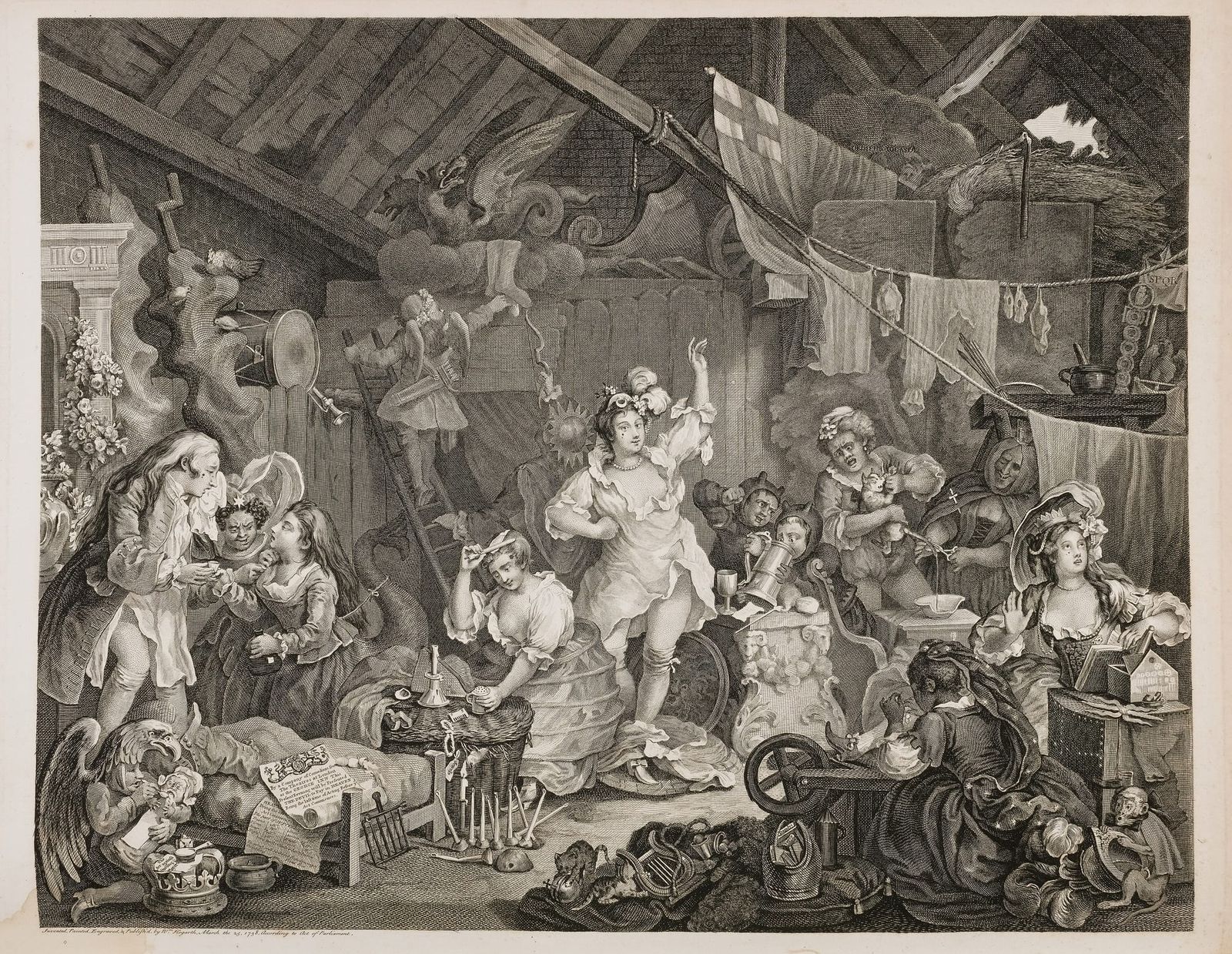 Hogarth engraving of actresses crowded into a barn, dressing in elaborate mythological costumes amid scattered stage props, children, and animals before a performance.