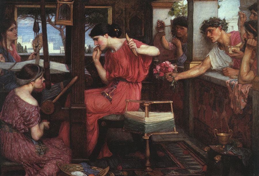 Pre-Raphaelite oil painting showing Penelope in red at a loom, threading with concentration, while two male suitors lean in from the right offering flowers and attention.