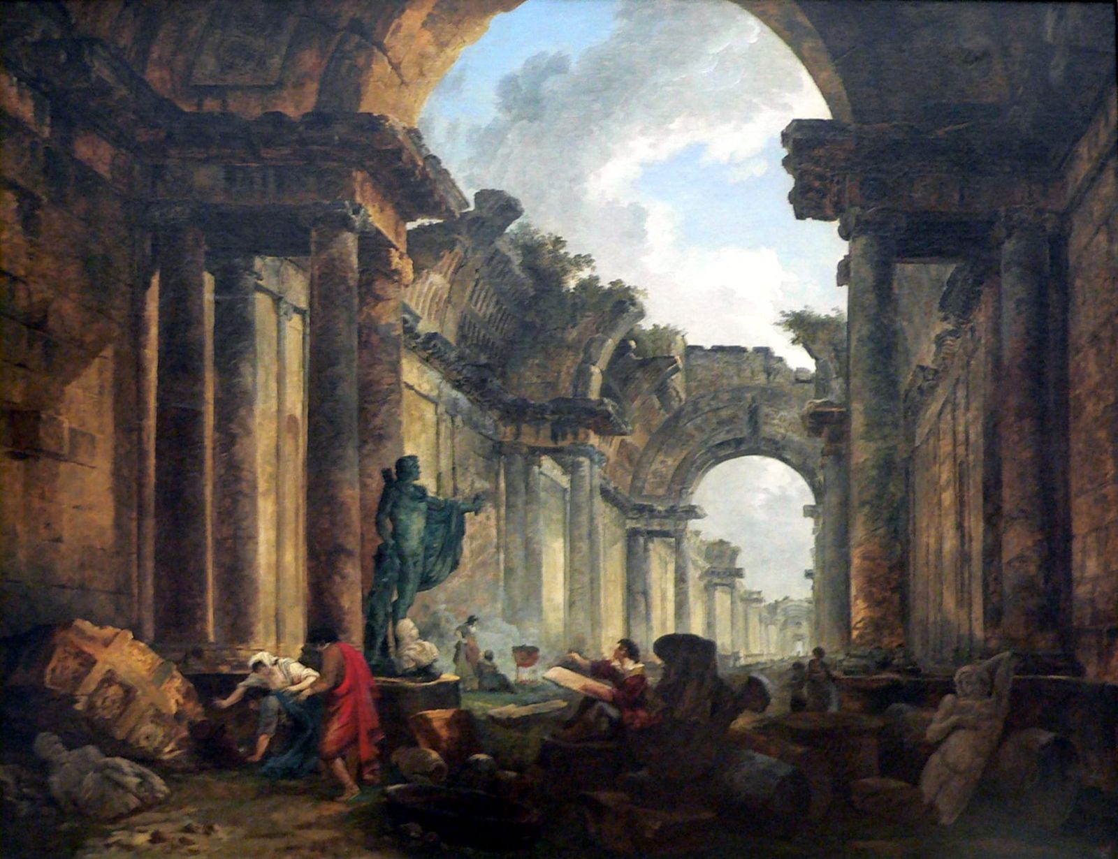 The Louvre's Grande Galerie imagined as ruins—broken columns and shattered vaults open to the sky, a tall bronze statue still standing, figures examining sculpture fragments on the floor.