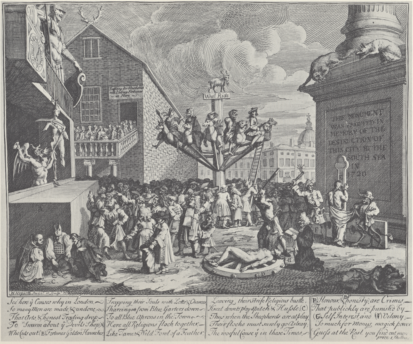 Hogarth engraving of a London street with a wooden whirligig at centre, figures riding aboard, and allegorical scenes of corruption: Honesty broken on a wheel, Honour flogged at a stake.