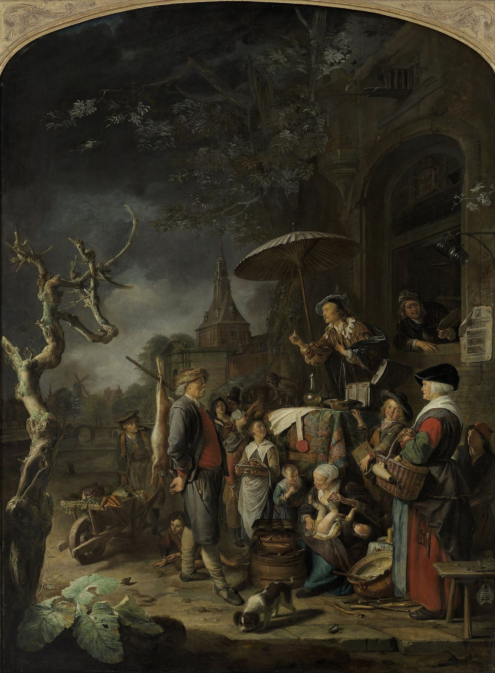 In Gerrit Dou's painting a mountebank on a draped platform hawks remedies to an attentive town-square crowd, while the painter looks on from a window above.