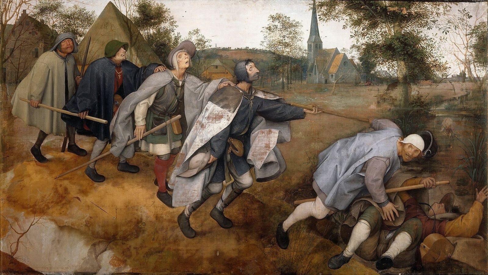 Six men in ragged clothing move in a diagonal line across a village landscape, each holding a staff and touching the man ahead; the leading figure has fallen backwards into a ditch.