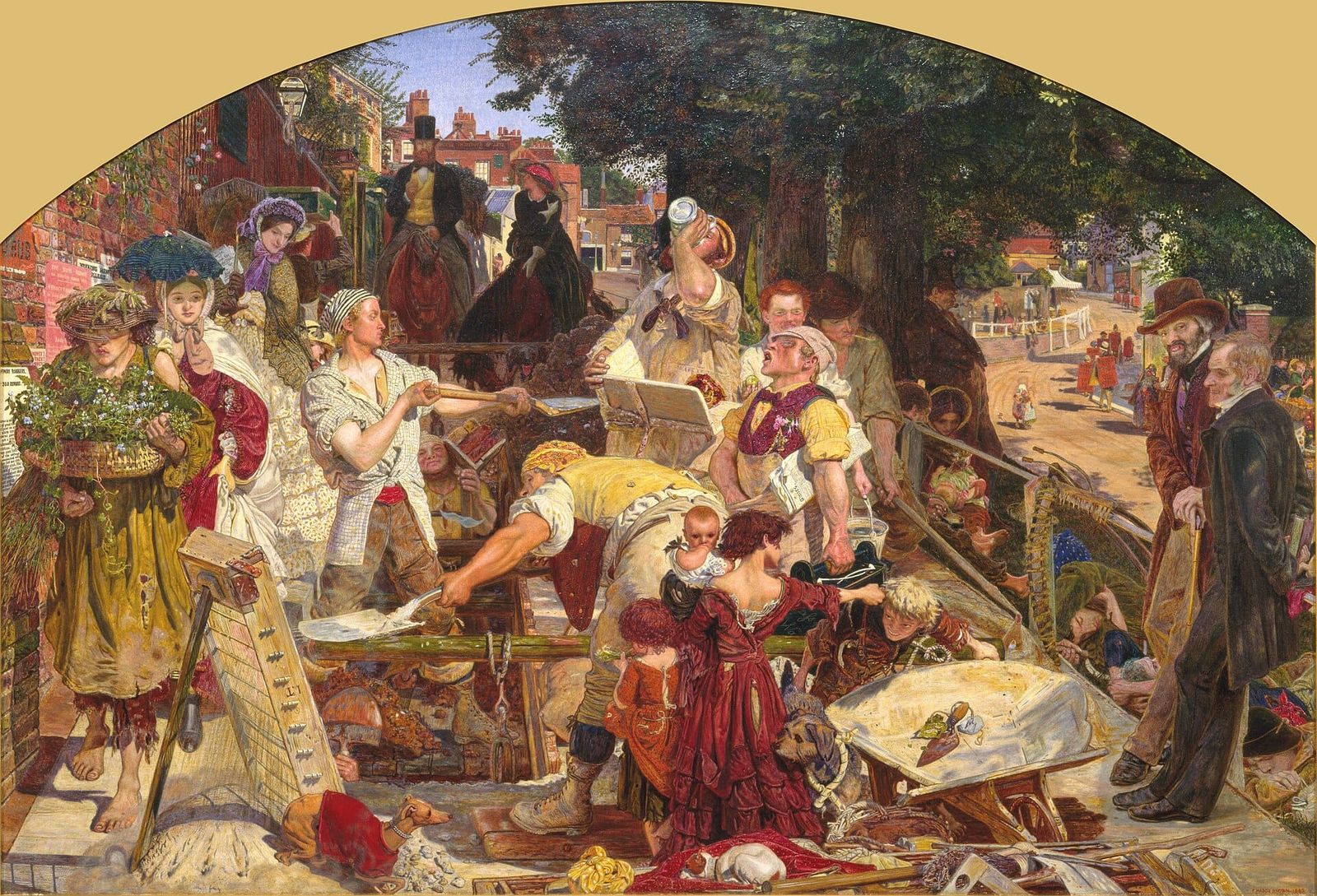 Crowded Victorian street scene in which labourers dig a trench in the foreground while finely dressed onlookers, riders on horseback, and two standing men at the right watch the work.