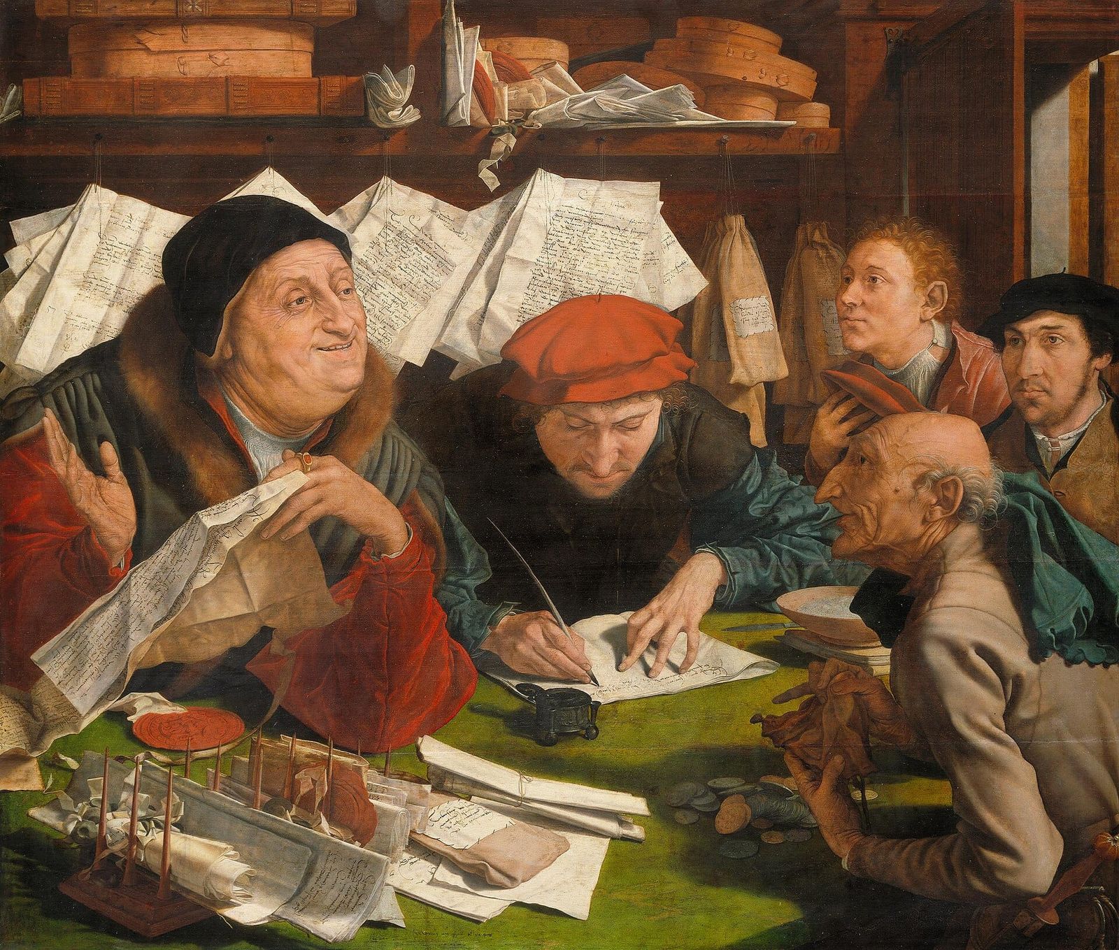 Two men in red and green sixteenth-century dress sit at a cluttered table, one writing in an open ledger with a quill, the other holding a document; coins and papers lie around them.