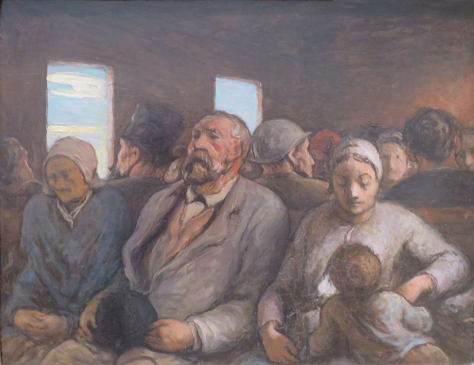 Working-class passengers crowded on wooden benches in a dim railway carriage; in the foreground an elderly woman holds a basket, a young mother nurses an infant, and a boy sleeps beside them.