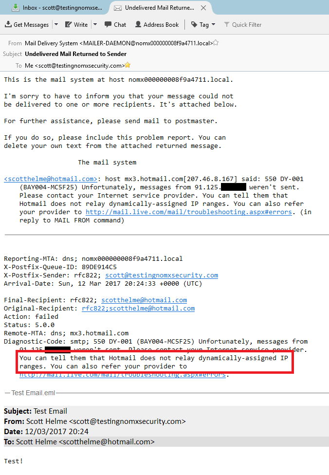 notice from hotmail that mail was returned