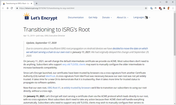 Let's Encrypt postpone the ISRG Root transition