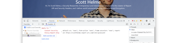 Overriding HTTP Response Headers in Chrome Dev Tools