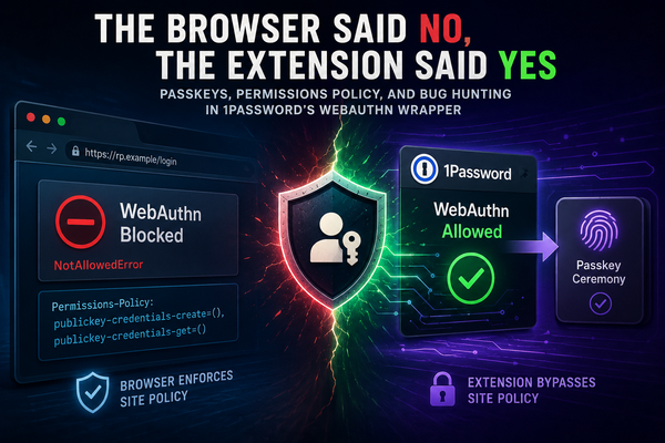 Passkeys, Permissions Policy and Bug Hunting in 1Password's WebAuthn Wrapper