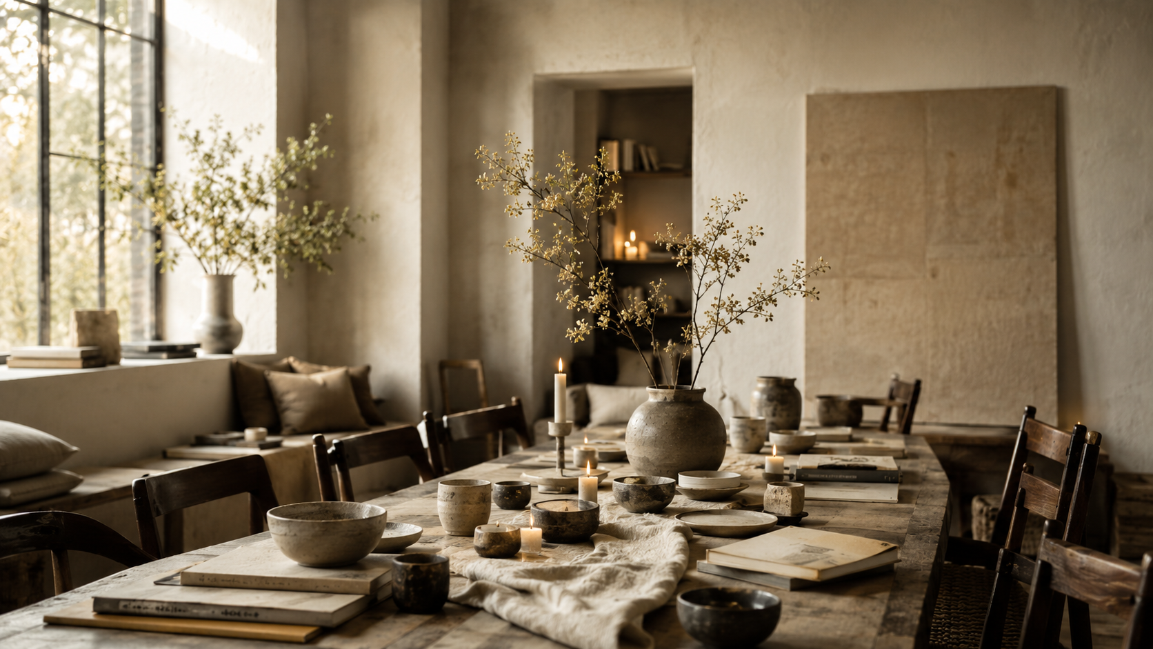 Large table with books, candles