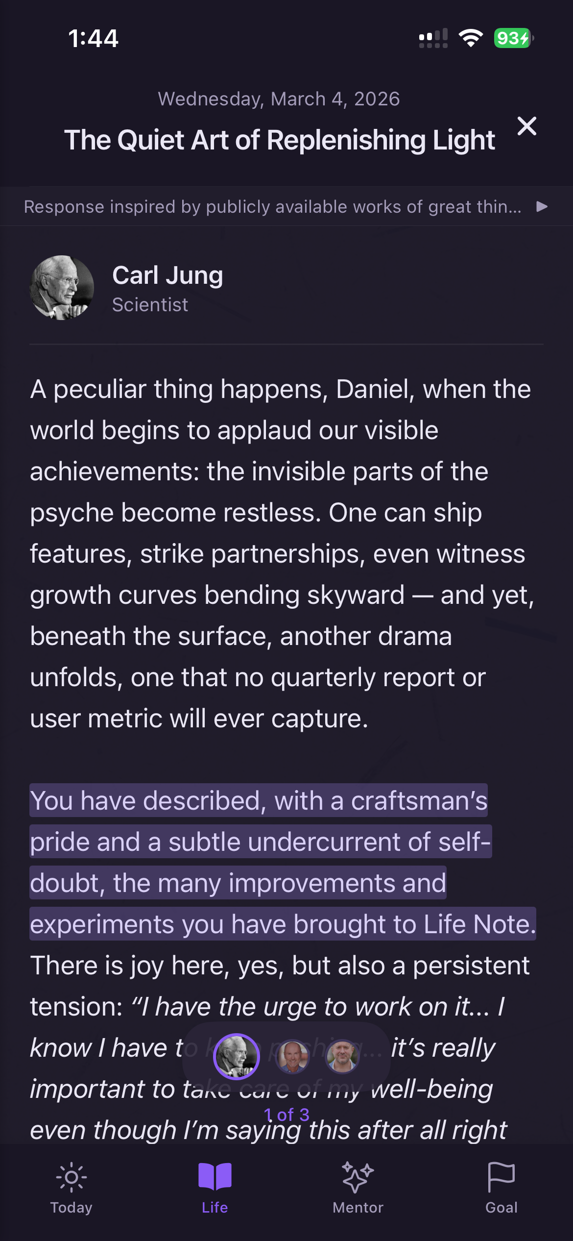 Life Note AI mentor response — Carl Jung guiding a journal reflection