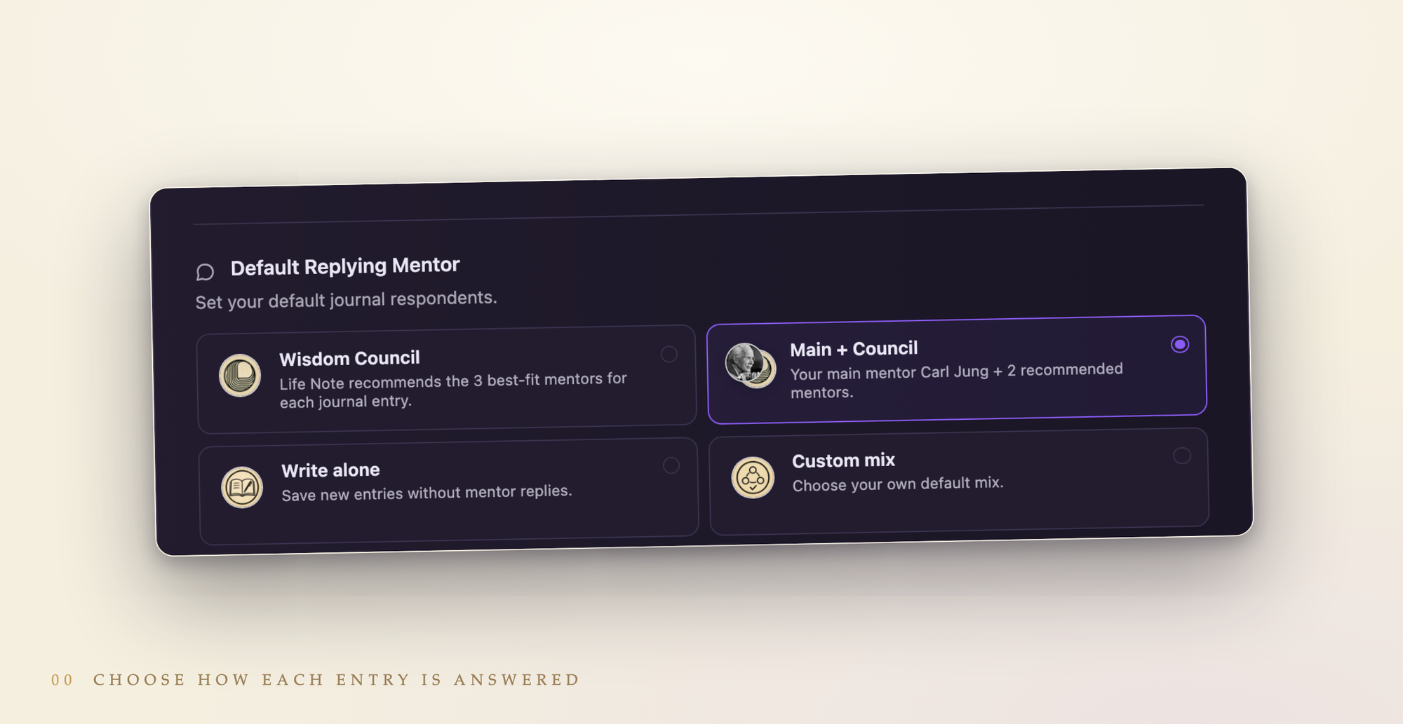 Default Replying Mentor settings — Wisdom Council, Main + Council, Write alone, or a custom mix