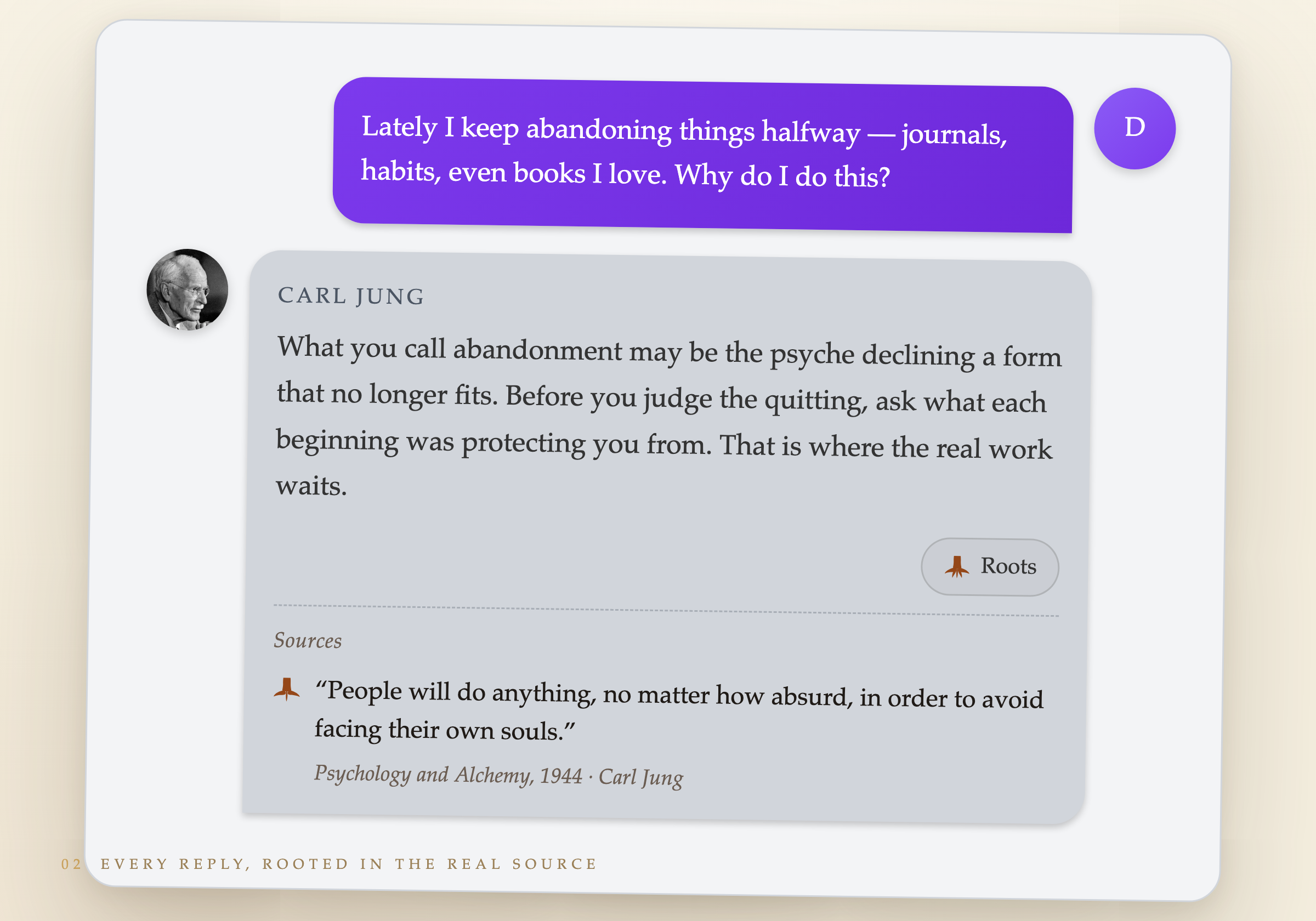 A chat with Carl Jung showing the Roots pill and the verbatim source quote