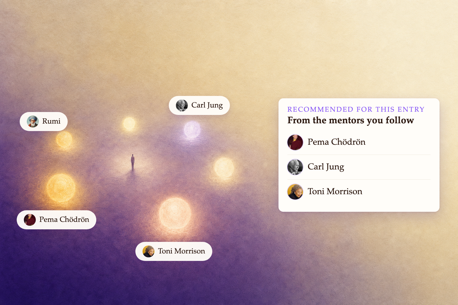 A person standing inside a ring of glowing presences, each one a mentor they chose to follow